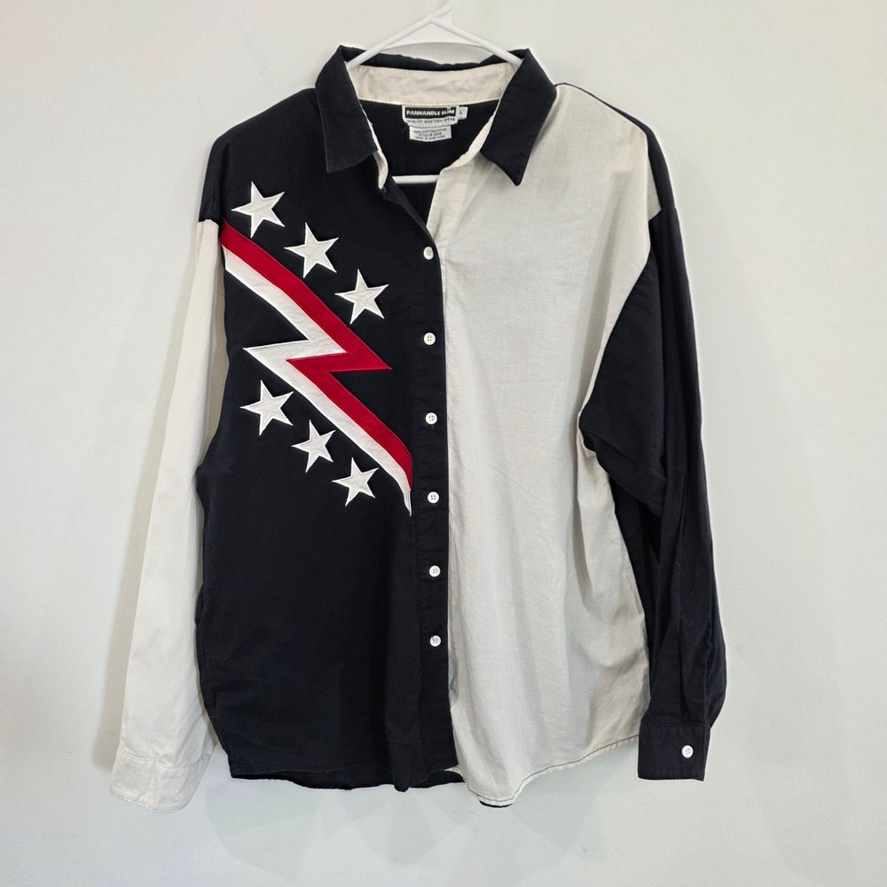 Vintage Panhandle Slim Mens Western Shirt Size Large Star Red White Blue Rodeo
